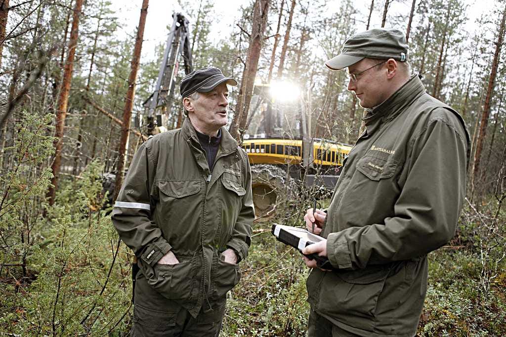 Metsähallituksen Pudasjärven tiimi korjaa Osaran aukeiksi ristityistä metsistä puuta tänä vuonna noin 30 000 kuutiota. Huonokuntoiset metsät hakataan aukoiksi ja parhaita männiköitä harvennetaan. Tiimiesimies Jorma Kouva (vas.) ja suunnittelija Ilkka Herukka tutkivat harvennettavan metsän tietoja päätelaitteelta.