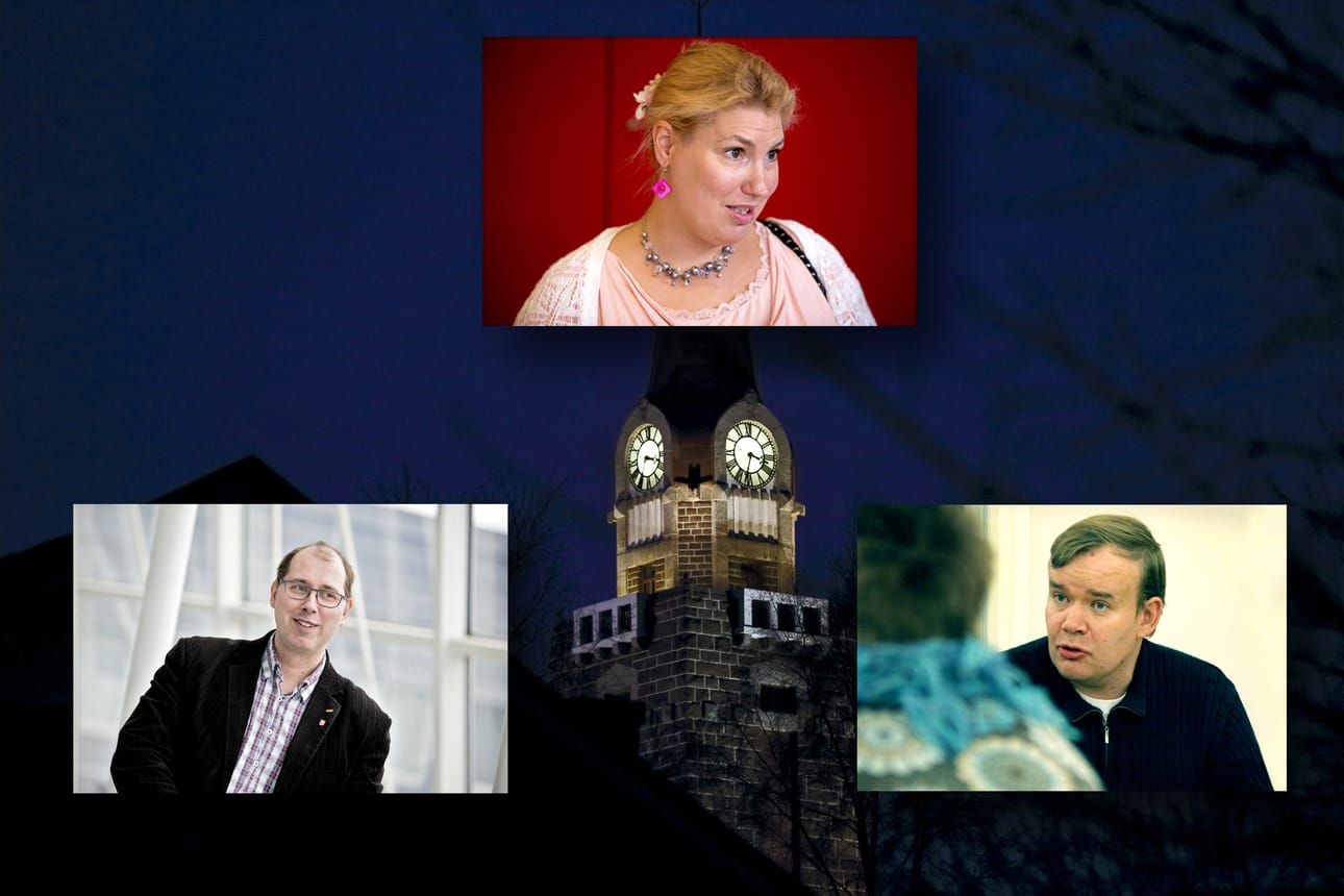 Kari Malkamäellä (vas.), Katja Hännisellä (kesk.) ja Olli-Pekka Telkillä (oik.) on eniten poissaoloja Raahen kirkkovaltuuston vuosien 2015-2018 kokouksista.