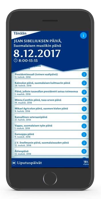 Sovellus kertoo milloin liputetaan ja minkä kunniaksi.