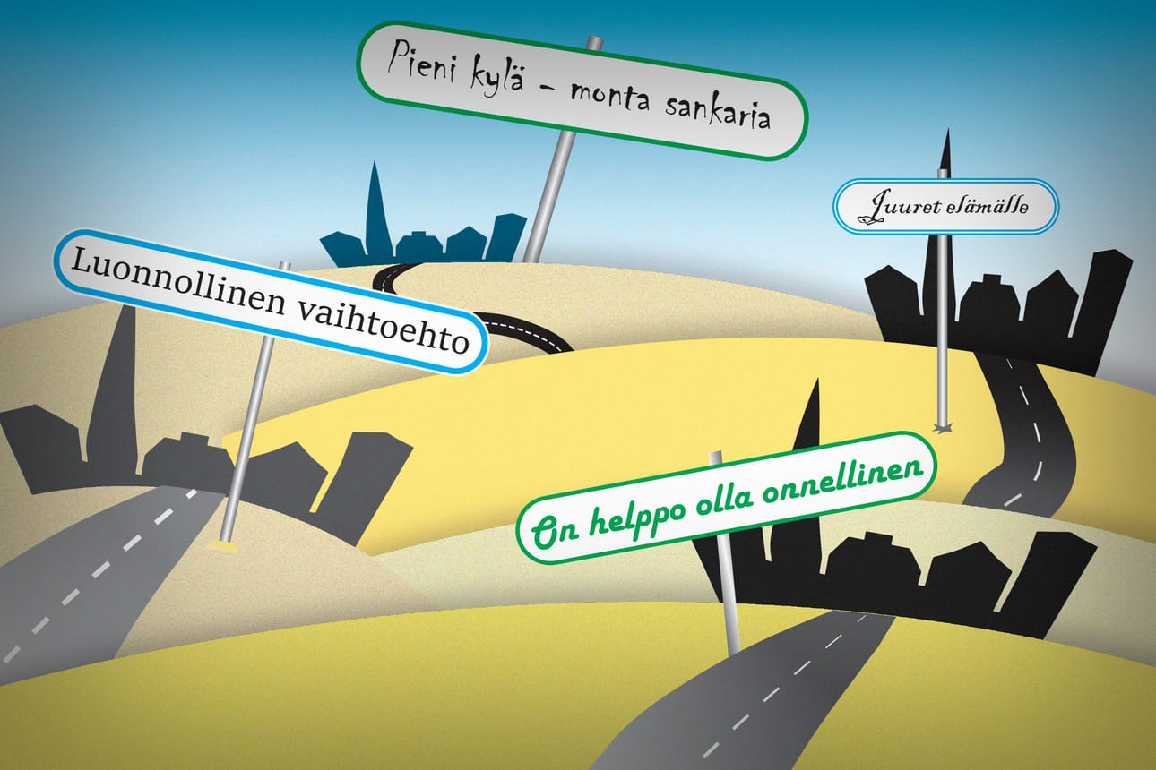 Kuntien sloganeissaan yleisimmin käyttämiä sanoja ovat tutkija Terhi Ainialan mukaan elämä, luonto, kunta, kaupunki ja hyvä.