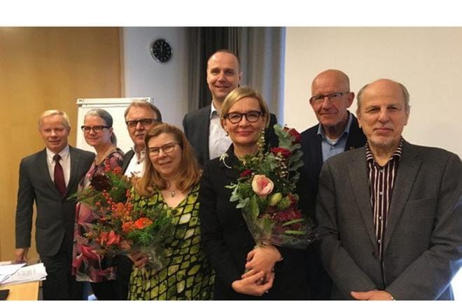 Sydänliiton hallitus 2019: Jyrki Liljeroos, Outi Kurttila, Tuomo Pääkkönen, Päivi Hirsso, Antti Kivelä, puheenjohtaja Paula Risikko, Jaakko Heikkilä ja Matti Ketonen. Kuva: Ville Salo