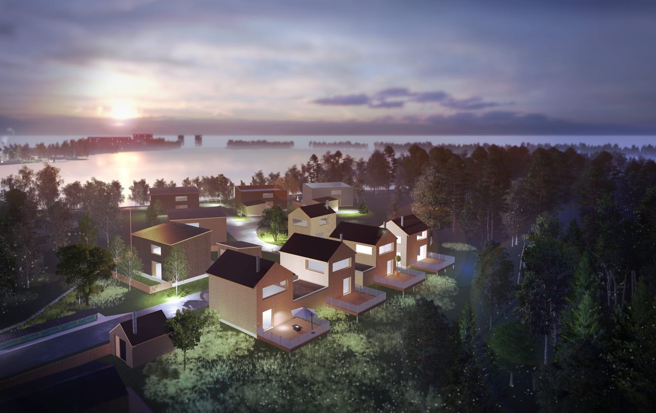 Oulun asuntomessualue sijaitsee Hartaanselänrannalla. Havainnekuva alueen pientaloista.