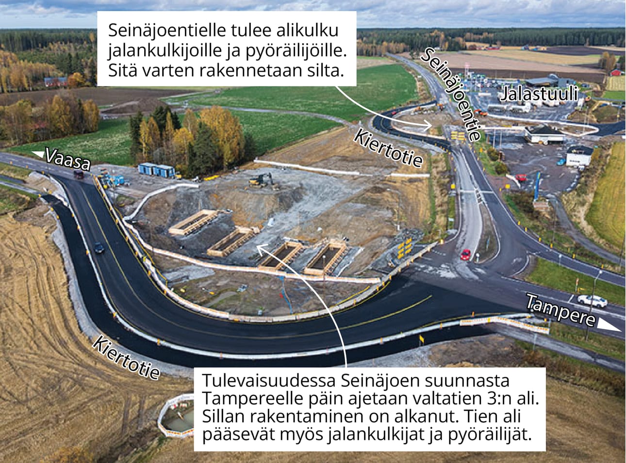 Jalasjärvellä valtatie 3:n ja 19:n risteysalueen työt ovat alkaneet ja kiertotiet ovat käytössä. Risteys kuvattu 4. lokakuuta 2026.