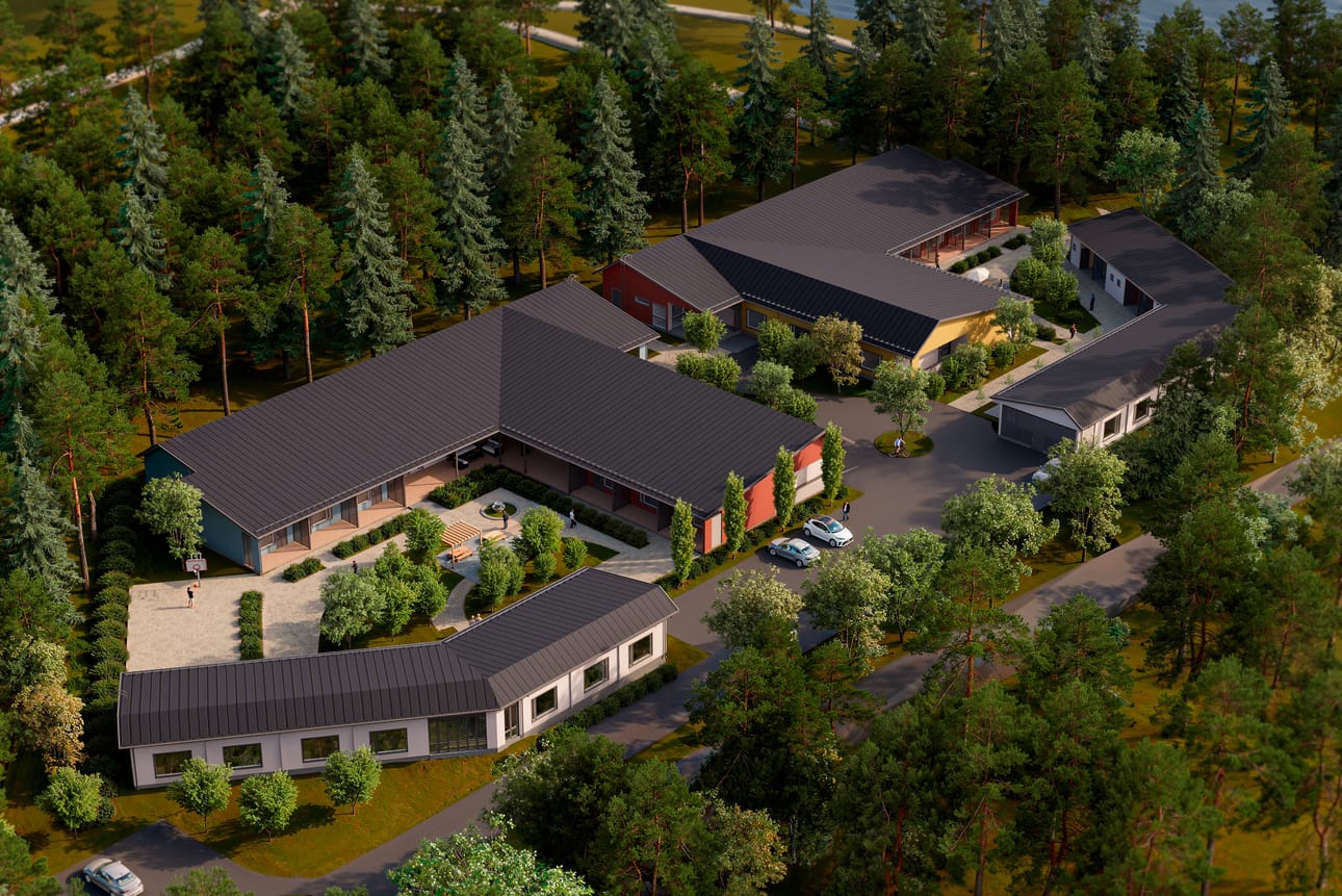 Uudet Aspa-kodit koostuvat kahdesta hirsirakennuksesta ja suojaisesta sisäpihasta.