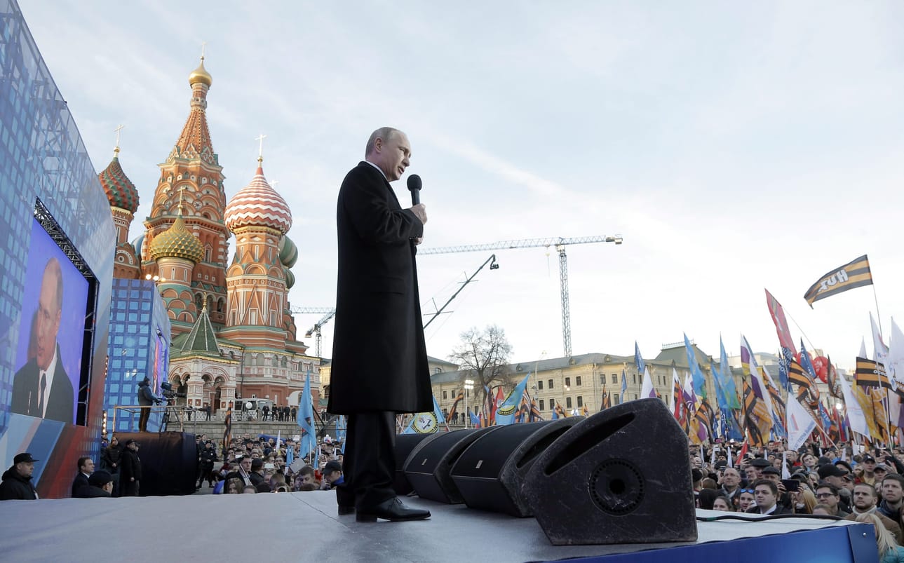 Venäjällä juhlittiin Krimin valtaamisen vuosipäivää aiemmin maaliskuussa. Moskovan juhlallisuuksissa puhui presidentti Vladimir Putin.