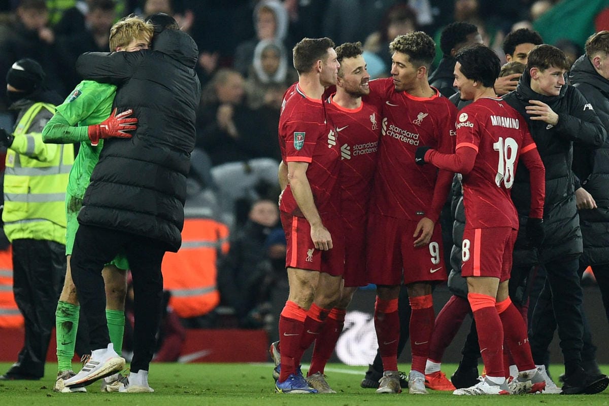 Liverpool jatkoi rangaistuspotkukisan päätteeksi Englannin liigacupin välieriin. Lehtikuva/AFP