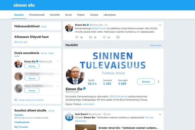 Twitterin pikaviestien maailma on tarpeeksi nopea poliittisiin käänteisiin. Simon Elo jakoi ajatuksesa Kaj Turusen loikkauksesta. KUVA: Kuvakaappaus Twitteristä