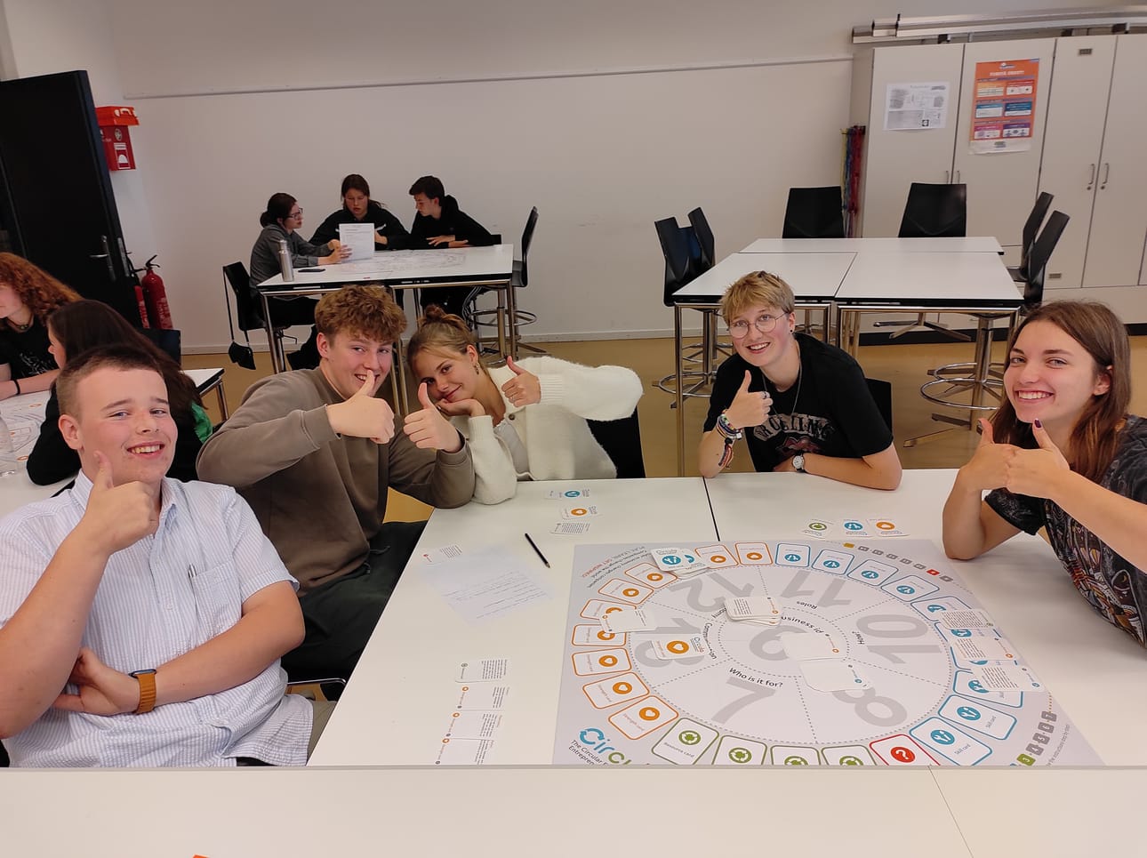 Suomalaisnuorten järjestämässä työpajassa pelattiin Sitran tuottamaa Circula-kiertotalous- ja yrittäjyyspeliä. Björn Faust (vasemmalla) ja Pia Kristin Brodersen (toinen oikealta) pitivät työpajan käytännönläheisyydestä ja ympäristöystävällisyydestä.