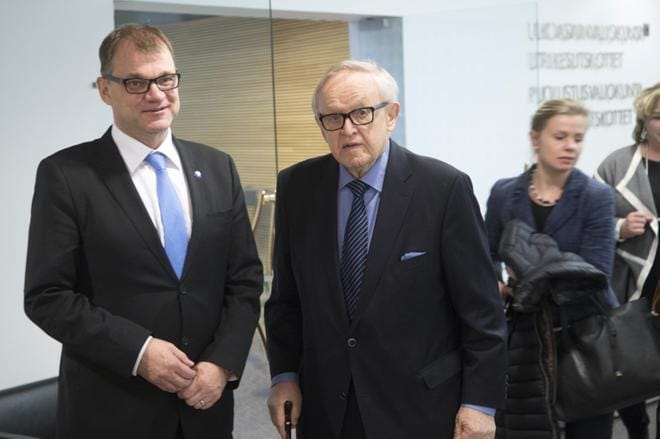 Presidentti Martti Ahtisaari ja pääministeri Juha Sipilä Euroopan arvot ja EU:n tulevaisuus -seminaarissa. Kuva: COM.PIC / MAURI RATILAINEN