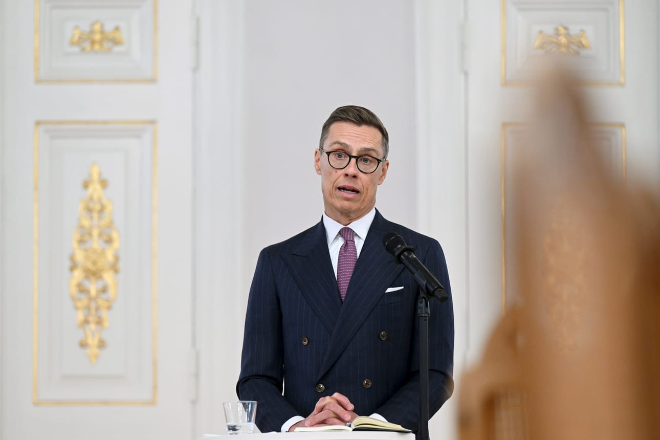 Presidentti Alexander Stubb puhui tänään Politiikan toimittajat ry:n tapaamisessa Presidentinlinnassa Helsingissä. LEHTIKUVA / VESA MOILANEN