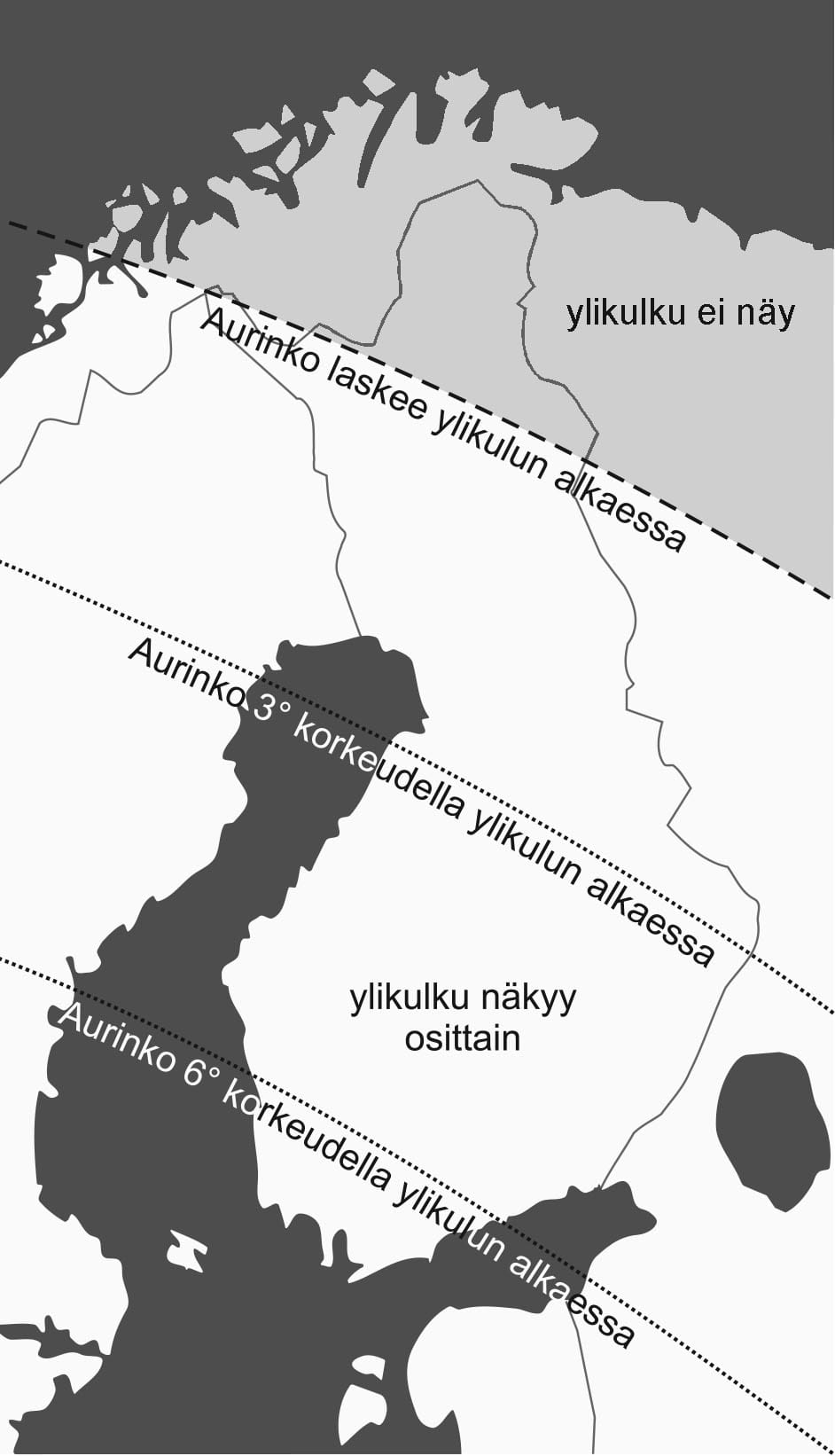 Ylikulun näkyminen Suomessa. Aurinko on ylikulun aikaan hyvin matalalla koko maassa, ja Inarilla ja Utsjoella aurinko on jo laskenut sen alkaessa.
