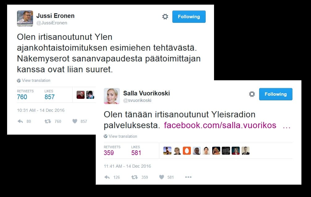 Ylen ajankohtaistoimituksen esimies Jussi Eronen ja toimittaja Salla Vuorikoski ilmoittivat irtisanoutumisistaan myös Twitterissä.
