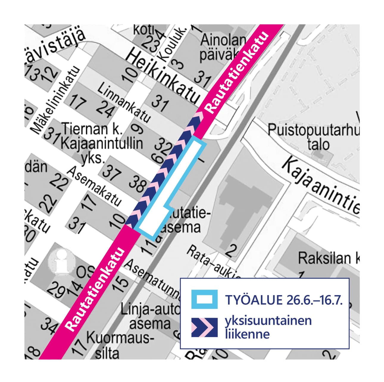 Rautatienkadun väliä Asemakatu–Heikinkatu saa ajaa vain pohjoiseen suuntaan ensi maanantaista alkaen noin kolmen viikon ajan.