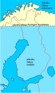 Venuksen ylikulku näkyy kokonaan vain Sodankylän pohjoispuolella.