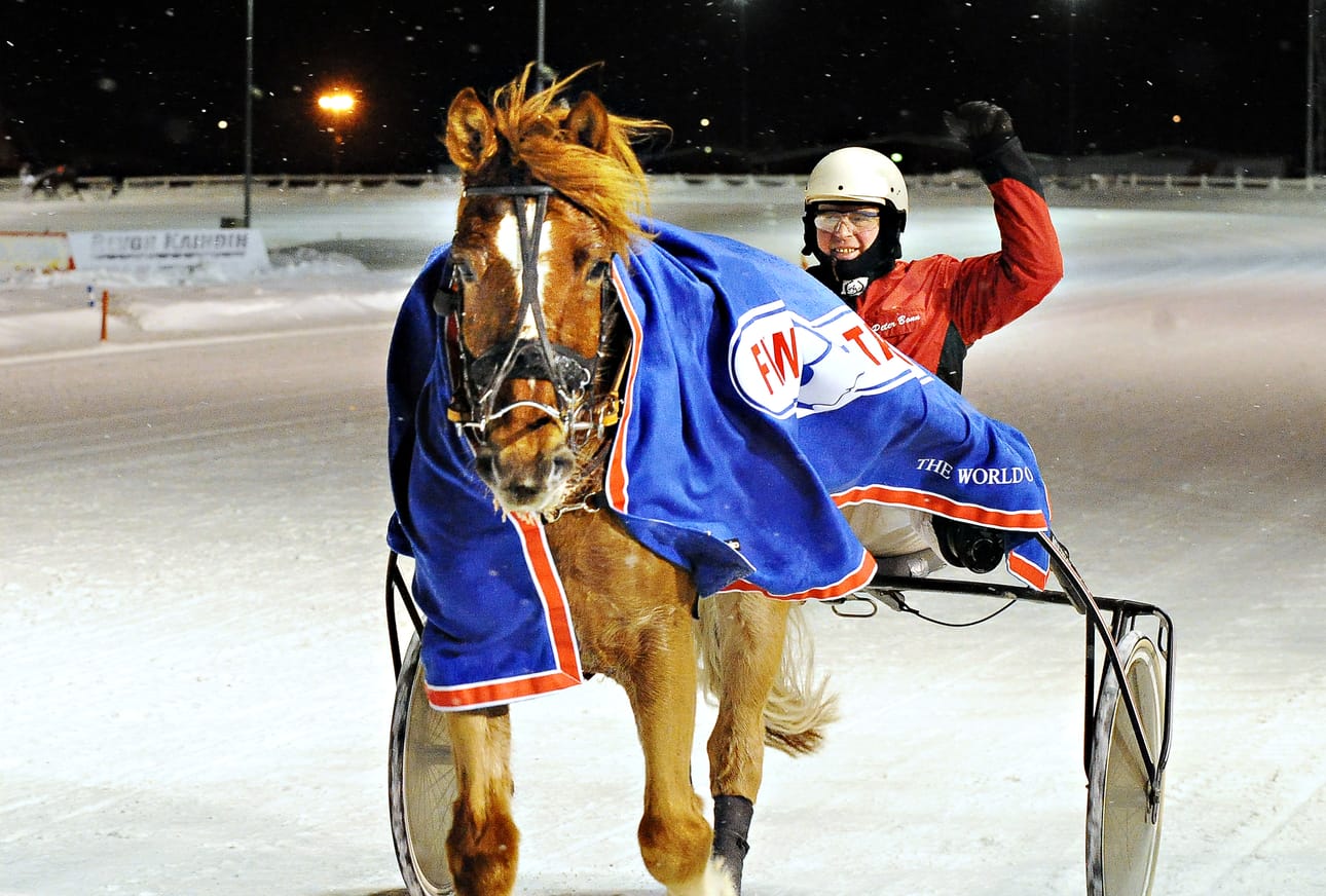 Superyllättäjä Vihin Mahti ja ohjastajansa Peter Bonn Oulun Toto75-raveissa lauantaina.