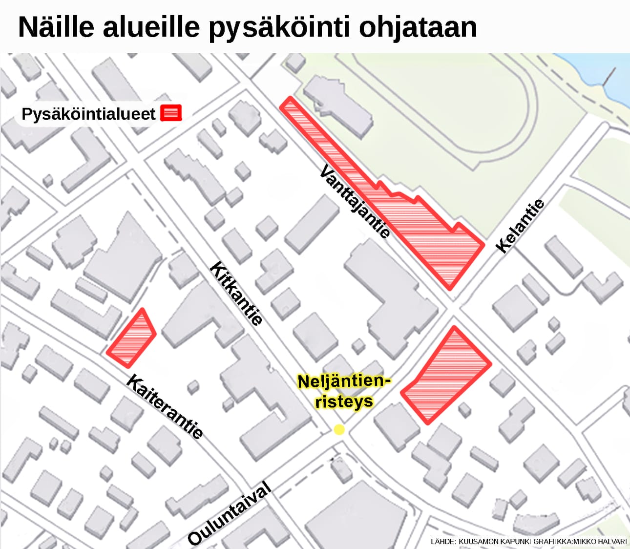 Keskustaan on suunniteltu kolme pysäköintialuetta.