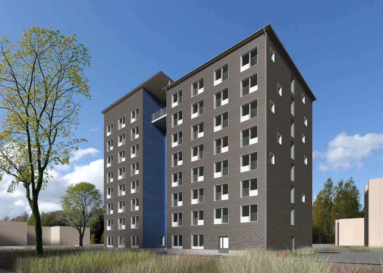 Puukerrostalo. Talon on suunnitellut Arkkitehtityöhuone Artto Palo Rossi Tikka, sama toimisto kuin Pilkkeen ja Keskuskentän katsomon.