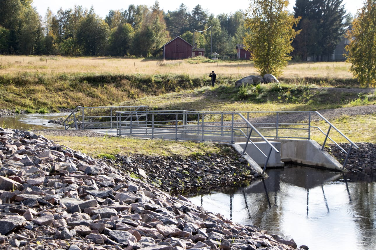 Kalatien tuloaukolta vesi virtaa Kortteisesta betonisen pystyportaikon kautta luonnonmukaisen kaltaiseksi muovattuun vesiuomaan.