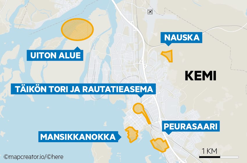 Kemin vireillä olevat asemakaavat. Kaupungin hankkimasta uiton alueesta käynnistetään maankäyttöselvitys.