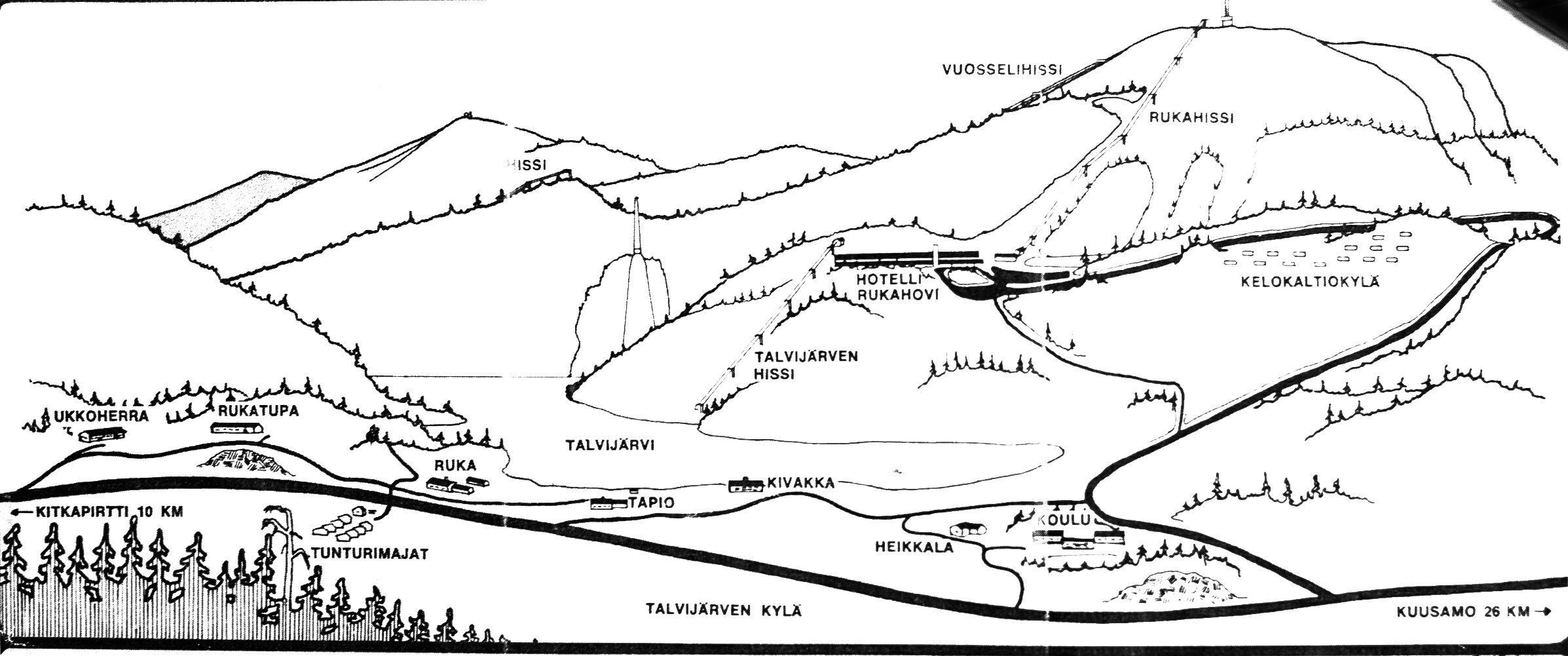 Piirros Rukan alueesta joskus 1970-luvulta. Alue ei ollut silloin vielä kovin rakentunut. Kuvan alalaitaan on merkitty Matkailumaja Heikkala sen viereen Rukan koulu. Piirroksen alla olleen tekstin mukaan Rukalla oli tuohon aikaan neljä hiihtohissiä ja seitsemän pujottelulurinnettä. Merkittyjä latuja oli kolme: 5, 10 ja 12,5 kilometriä.