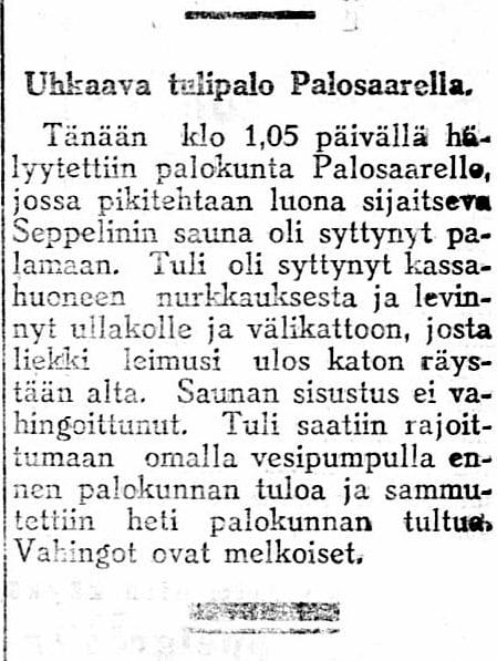 Seppelinin saunan tapahtumista raportoitiin Vaasa-lehdessä.