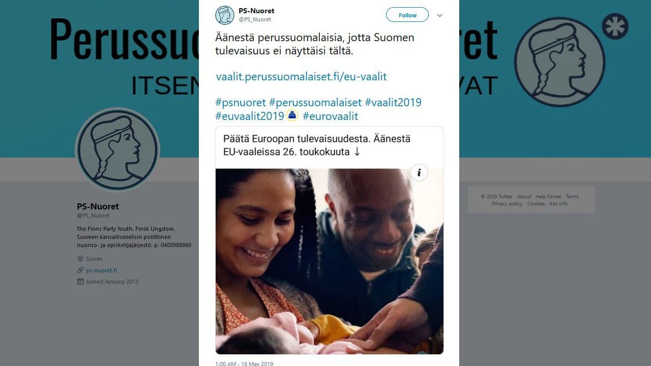 Perussuomalaisten nuorten julkaisema Twitter-päivitys. Ps-nuoret on poistanut päivityksen.
