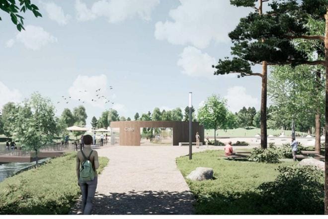 Jos yrittäjä löytyy, Tanelinlammen uusi kesäkahvila voisi sijoittua suunnitelman perusteella lampea kiertävän reitin varteen uimarannan ja nuorisotalon läheisyyteen. Etelään aukeava terassi ulottuu veden äärelle.