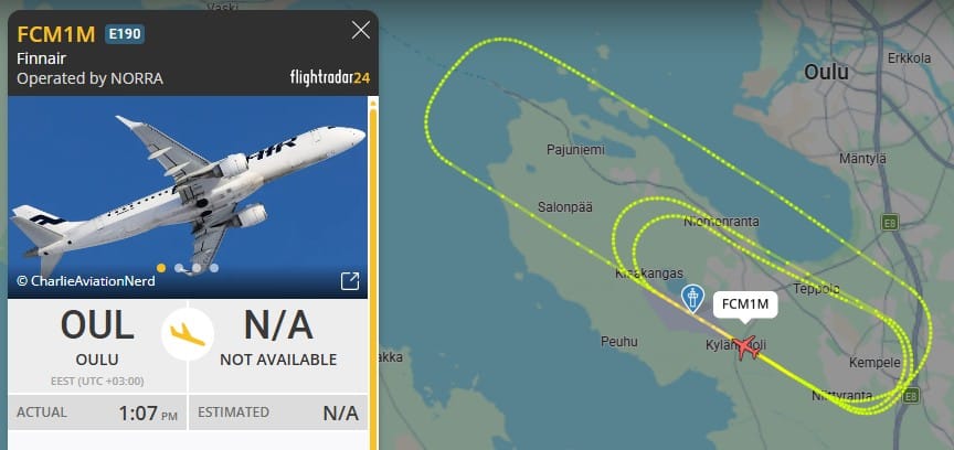 Finnairin koulutuslento herätti huomiota Oulunsalossa ja Flightradar24-lentoseurantapalvelussa. Kuva on kuvakaappaus Flightradar24-palvelusta.