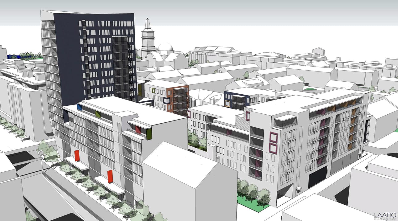 Oulun keskustan mittakaava hyppää Vaaran kortteli 5:n kohdalla selvästi ylöspäin. Vastaavaa tapahtuu myös muissa keskustan kortteleissa. Havainnekuva.