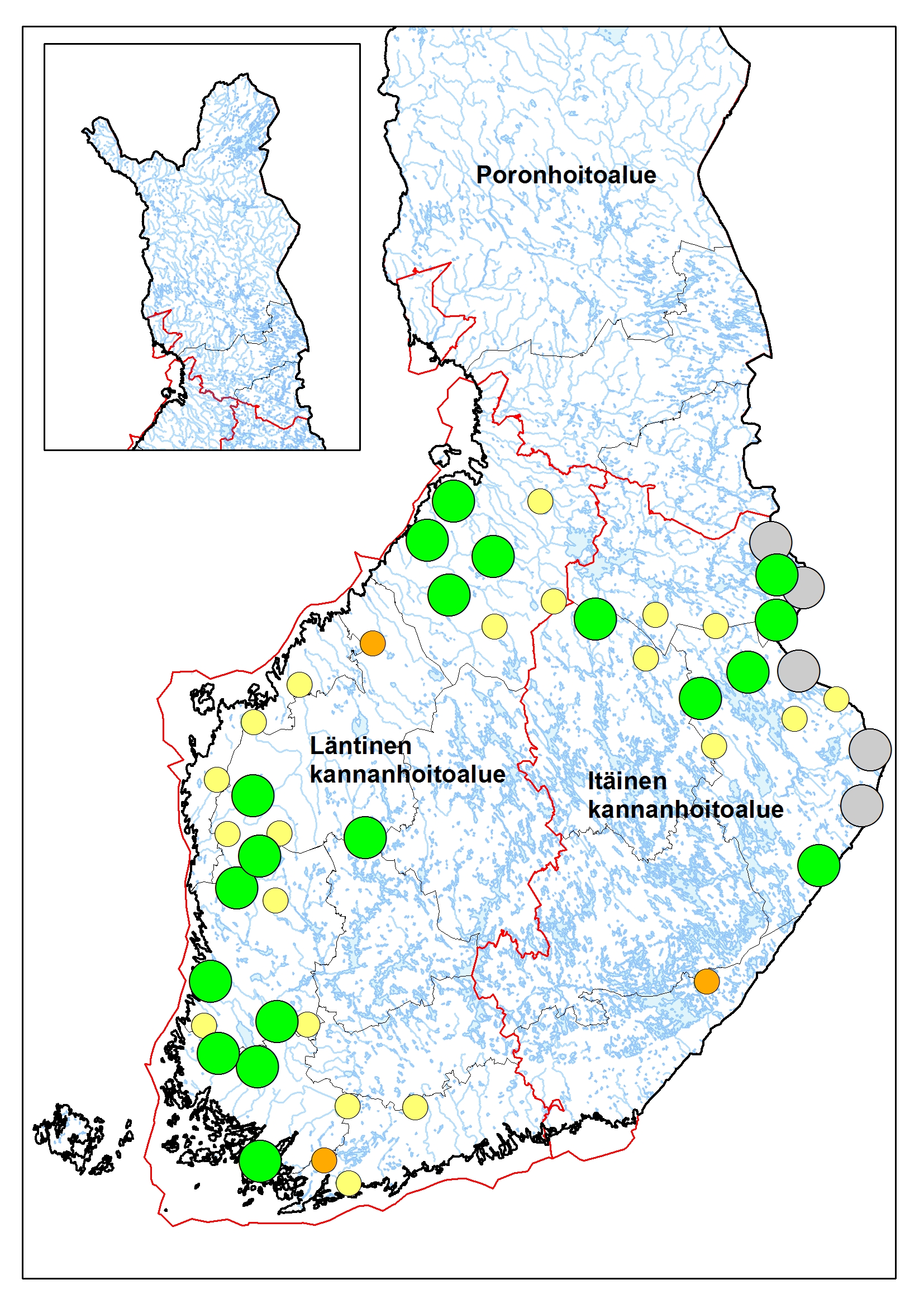 Susilaumojen ja kahden suden asuttamat reviirit maaliskuussa 2019. Vihreät ympyrät kuvaavat kokonaan tai suurimmaksi osaksi Suomen puolella liikkuvia laumoja, harmaat rajalaumoja ja pienemmät keltaiset ympyrät kahden suden asuttamia reviirejä. Lisäksi 2–3 suden asuttamat reviirit on merkitty oranssilla.