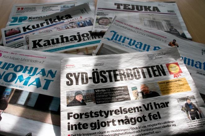 Etelä-Pohjanmaalla ja Pohjanmaalla paikallislehdissä ei ole kuntia omistajina kuin yhdessä lehdessä, Kauhajoella. Suurten mediakonsernien, kuten Keskisuomalaisen, Pohjois-Karjalan Kirjapainon, TS-Yhtymän, Ilkka-Yhtymän tai Alma Median omistamissa paikallislehtiyhtiöissä ei ole yhdessäkään kuntia osaomistajina. KUVA: JORMA HAVULA