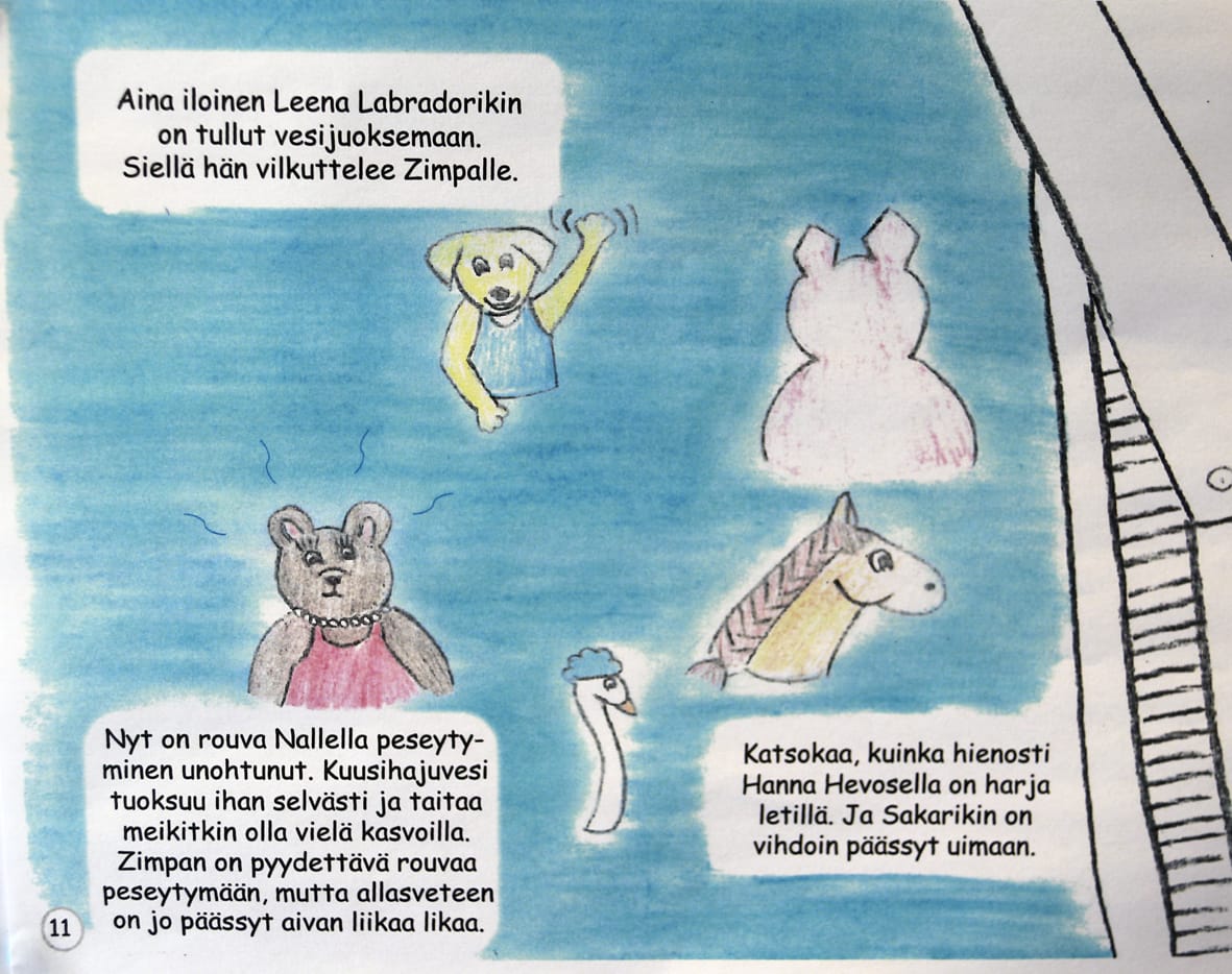 Lasten tarinallisen uimahallioppaan on kirjoittanut Vesa-Matti Kieksi ja kuvittanut Jatta Bergman. Molemmat työskentelevät Zimmarissa. Juhlaviikolla uimahallilla on näytteillä Linnakankaan koululaisten piirustuksia, jotka jatkavat tarinaa.