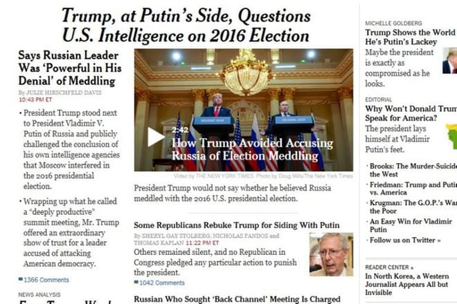Tältä näyttää The New York Timesin verkkoetusivu tiistaiaamuna Suomen aikaa. KUVA: Kuvakaappaus