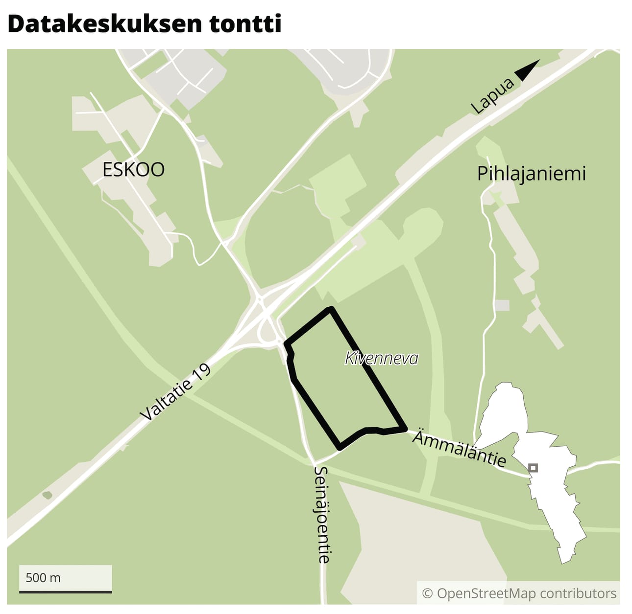 Datakeskushankkeen ensimmäisen vaiheen tontti sijaitsee Seinäjoentien varressa. Kaupunki myy noin 22 hehtaarin tontin hankeyhtiölle noin neljällä miljoonalla eurolla.