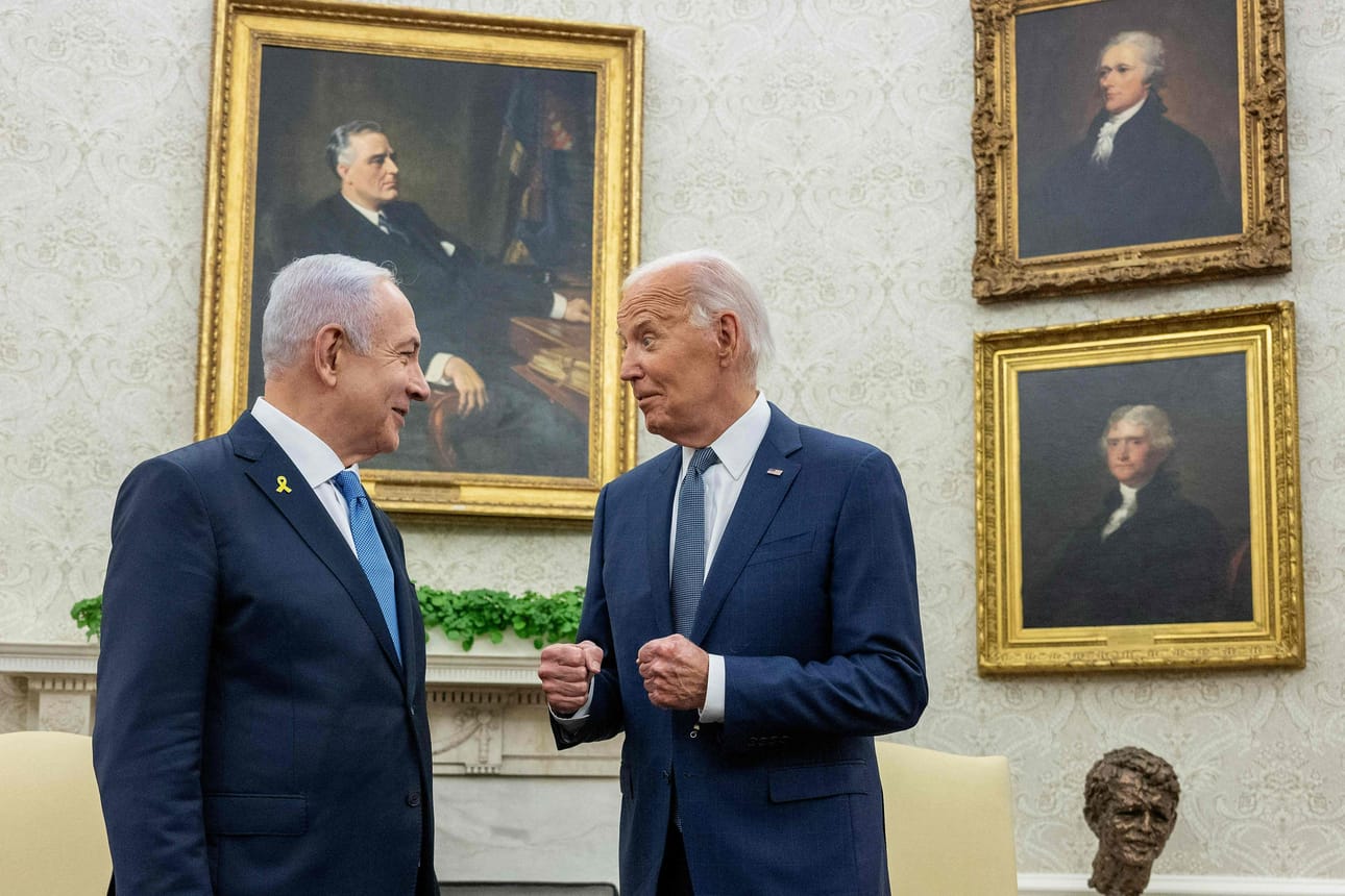USA:n presidentti Joe Biden on pyrkinyt edistämään aselepoa koskevaa sopimusta ennen kautensa päättymistä. Kuva on viime heinäkuulta, kun Biden ja Israelin pääministeri Netanjahu tapasivat Washingtonissa. LEHTIKUVA/AFP