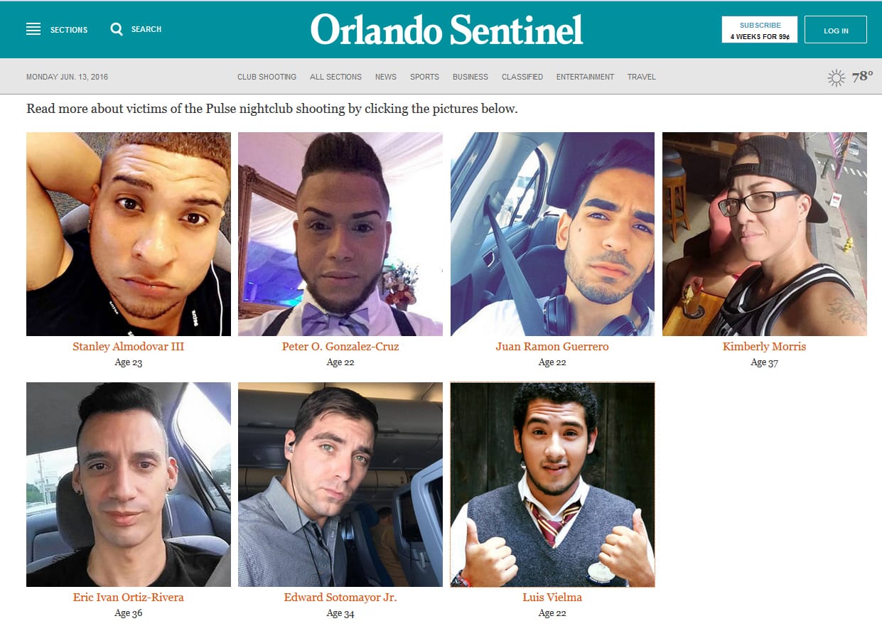 Orlando Sentinelin verkkosivuilla on julkaistu Orlandon yökerhoampumisessa menehtyneiden kuvia. Stanley Almodovar III:n kuva on vasemmalla ensimmäisellä rivillä ja Edward Sotomayor Jr:n kuva toisella rivillä keskellä.