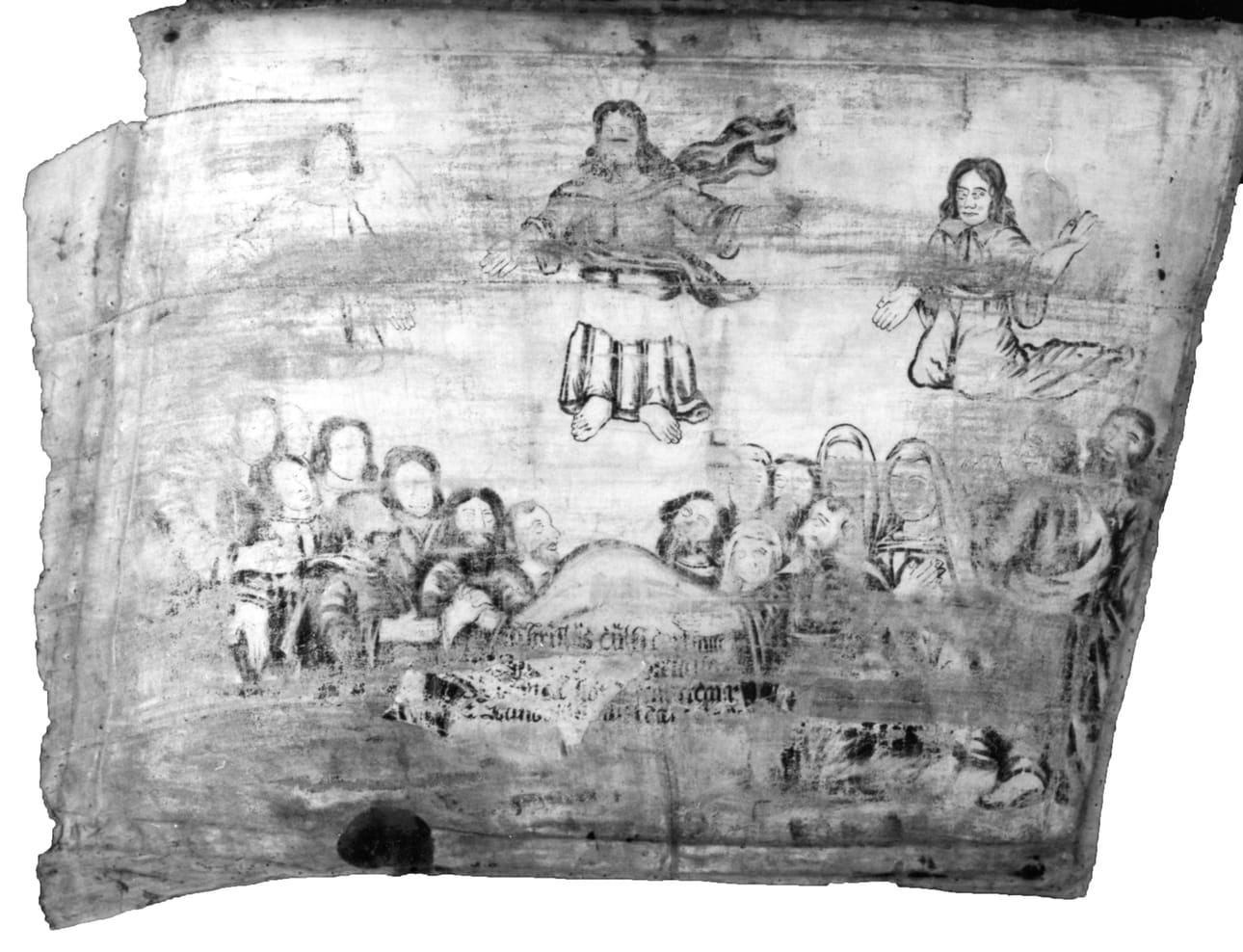 Tämä on jäljellä 1700-luvun alun alttaritaulusta. Kuva on Kansallismuseon mustavalkoinen jäljennös löydetystä teoksesta.