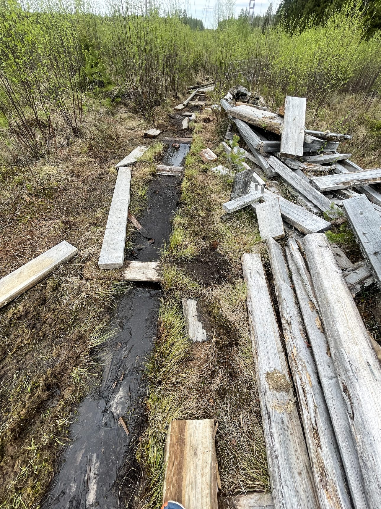 Pilpasuon pitkällä reitillä saattaa joutua pätkittäin seikkailemaan purettujen pitkospuiden vieressä, joten märkää kestävät kengät on käytännöllisin valinta.