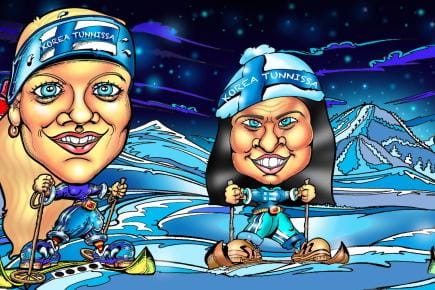 Karikatyyritaiteilija Jorma Lampela piirtää kuvia suomalaisurheilijoista Korea tunnissa -ohjelmassa.