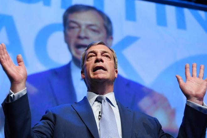 Nigel Faragen tammikuussa perustamalle Brexit Partylle odotetaan äänivyöryä Britannian EU-vaaleissa. Farage on ollut Britannian EU-eron näkyvin kellokas. KUVA: Andy Rain/EPA