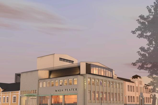 Wasa Teaterin julkisivu näyttää havainnekuvassa tutulta, mutta hieman entistä suuremmalta. Kirkkopuistikon puoleisella sivulla näkyy korotettu osa, johon tulee katsomon parvi. KUVAT: ARKKITEHTITOIMISTO LAAJA