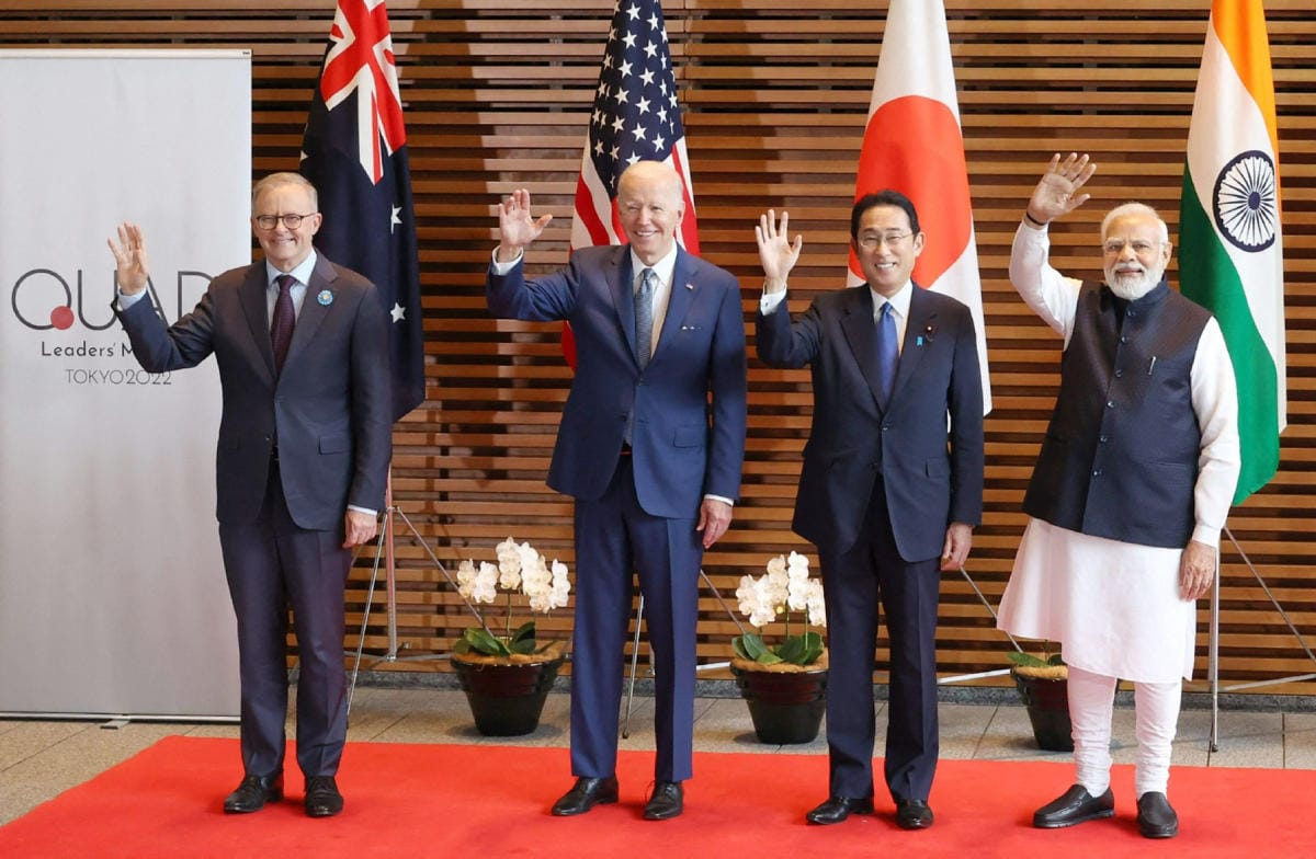Australian pääministeri Anthony Albanese, Yhdysvaltojen presidentti Joe Biden, Japanin pääministeri Fumio Kishida ja Intian pääministeri Narendra Modi tapasivat Tokiossa 24. toukokuuta. LEHTIKUVA/AFP