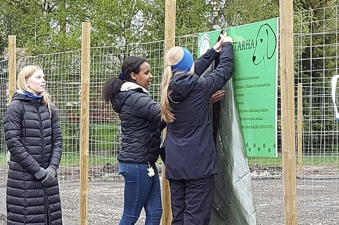 Nuorisovaltuuston edustajat Adalmiina Syynimaa (vas.), Lia Järvelä ja Riina Kivimäki paljastivat koirapuiston nimikyltin ja puiston käyttäytymisohjeet. KUVAT: MARITA MATTILA