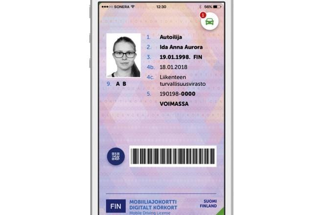 Havainnekuva siitä, miltä mobiiliajokortti voisi kännykässä näyttää. Sovellukseen tulisi muitakin autoiluun liittyviä palveluita.
