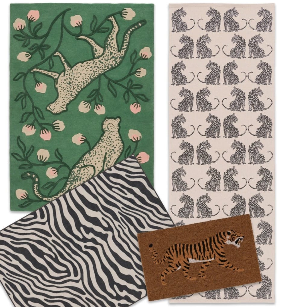 Cheetah-villamatto on kuin taideteos lattialla. Kissaeläimet ovat kevään näyttävin kuvio, ja niitä löytyykin useista Rustan matoista