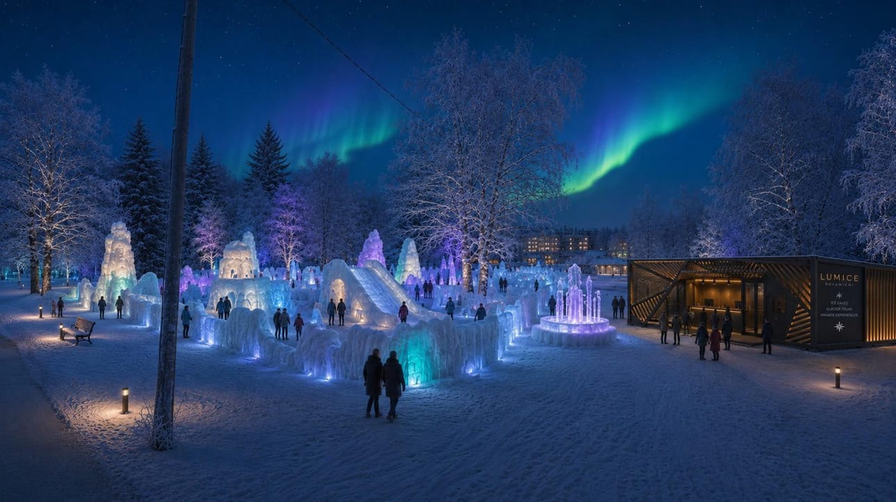 Havainnekuva Koskipuistoon suunnitteilla olevasta talvisesta elämyspuistosta.