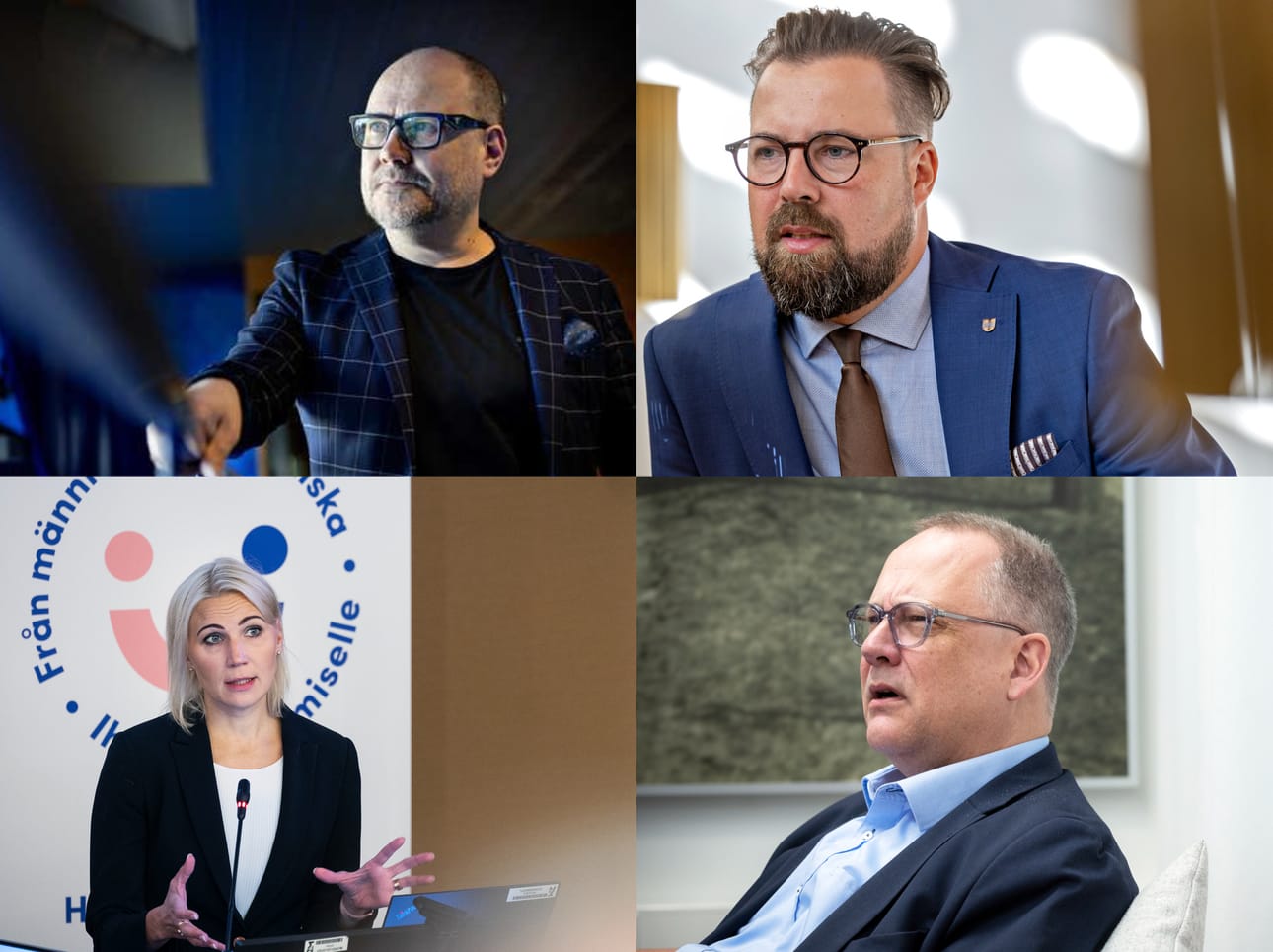 Tero Järvinen (ylh. vas.) ja Marina Kinnunen (alh. vas.) olivat tulokärki päättäjien joukossa. Seinäjoen kaupunginjohtaja Jaakko Kiiskilä (oik. ylh.) ja Tomas Häyry (oik. alh.) olivat myös korkealla listalla.