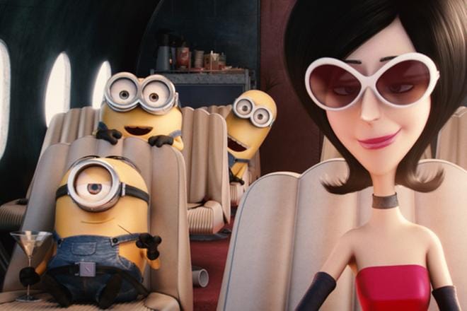 Keltaisten kätyrien lisäksi Minions-elokuvan juonessa on mukana Scarlett Overkill (Sandra Bullock). Animaatiossa kohellus on kunniassa. KUVA: TV5