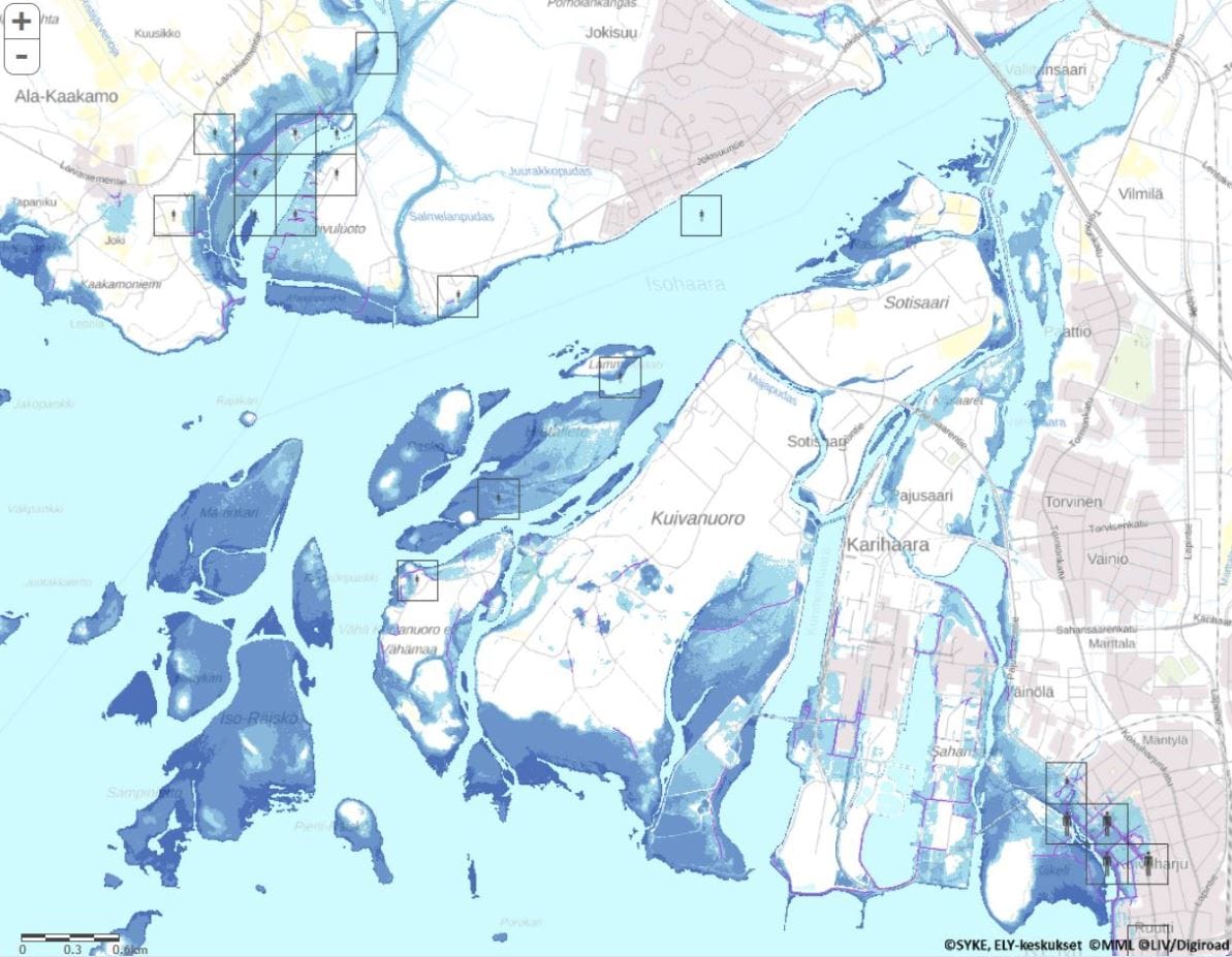 Kemin meritulvakartassa näkyy (sinisellä) veden peittämän alue, jos tapahtuisi erittäin harvinainen suurtulva.