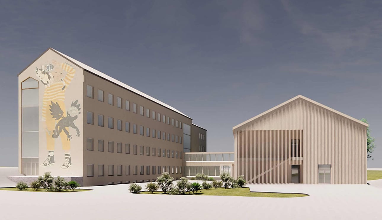 Kemin uusi yläkoulu näyttää tältä havainnekuvassa. Vasemmalla kuvassa on entisen tyttölyseon remontoitava koulurakennus ja oikealla tuleva uudisrakennus. Muraali on tarkoitus säilyttää vanhan osan päässä edelleen.